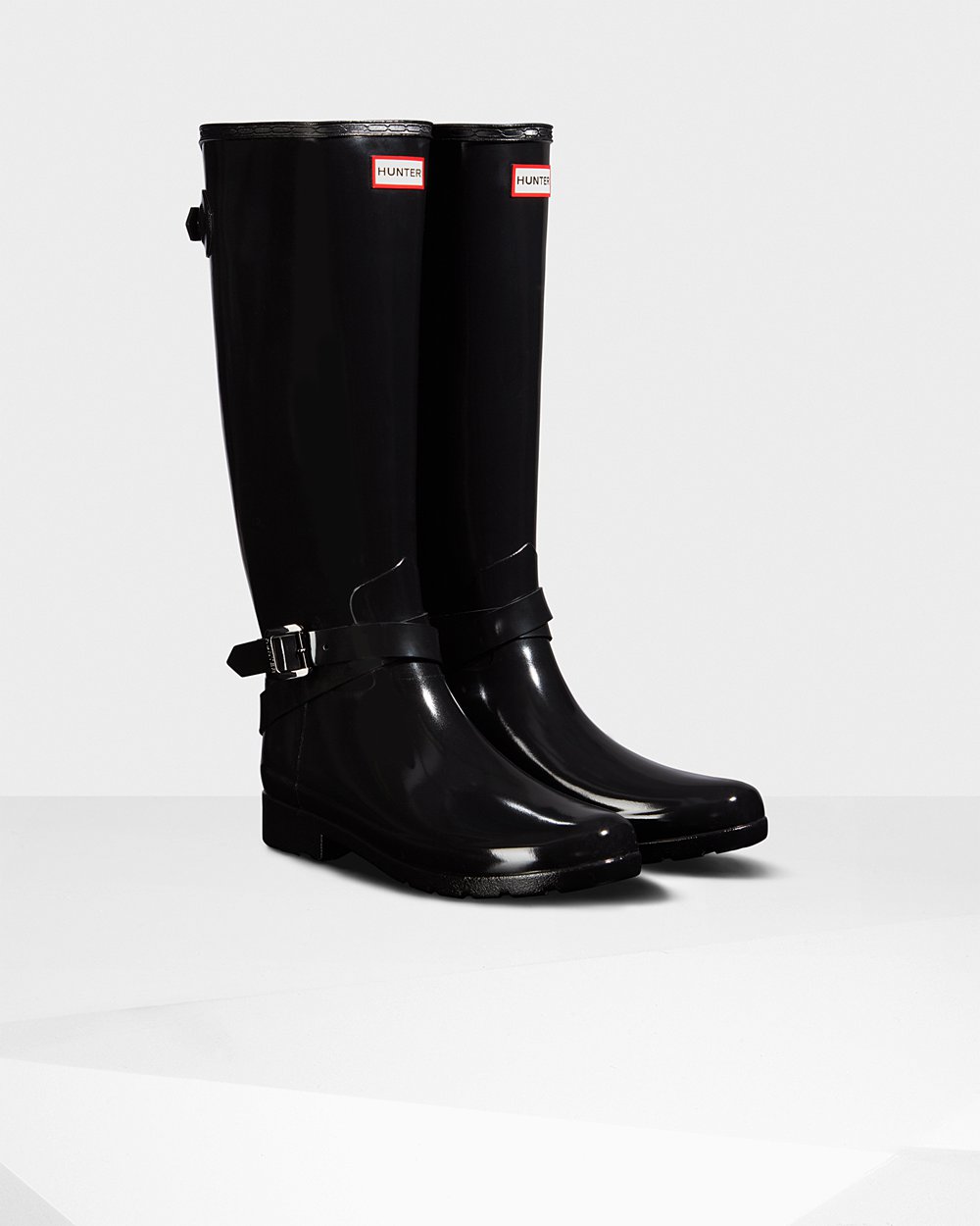 Womens Hunter Refined Adjustable Gloss - Tall Rain Boots Black - 9253-SNAFH